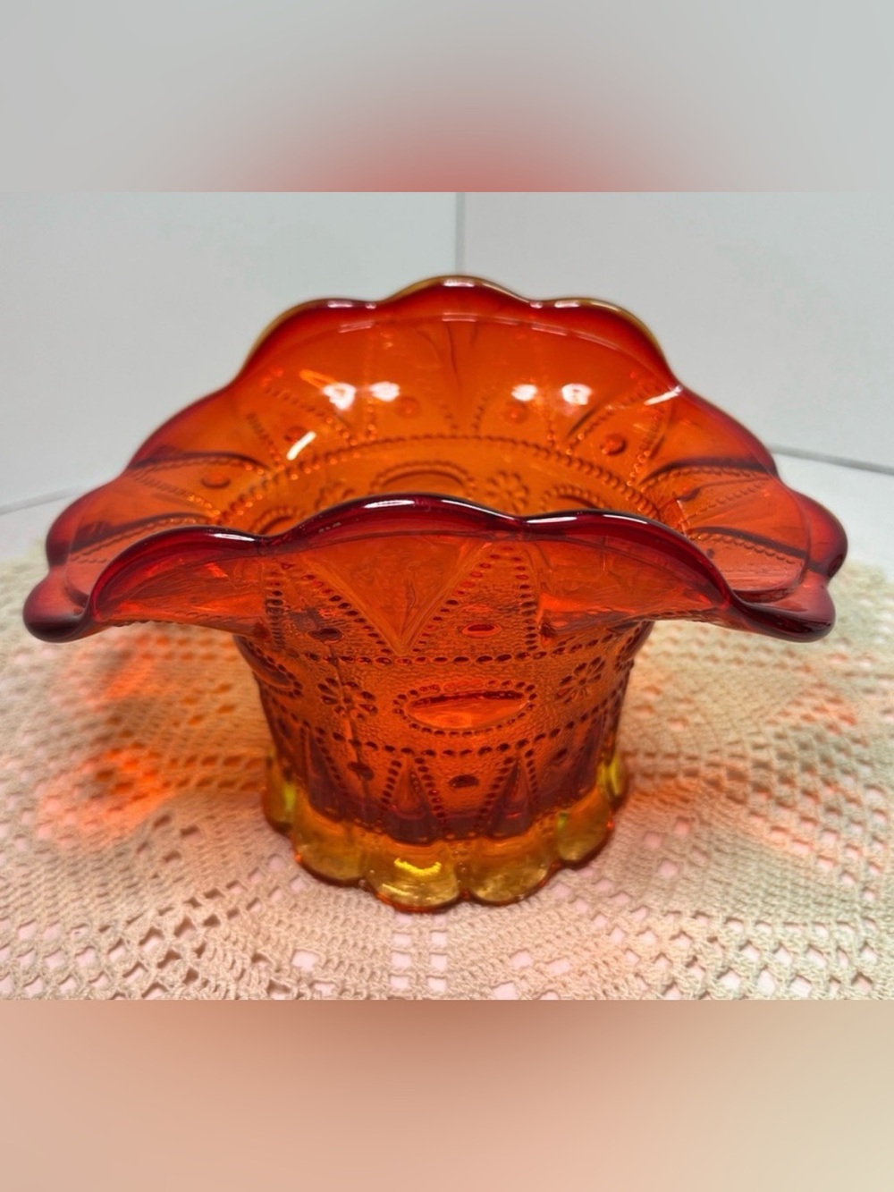 Vintage Kemple Glass Amberina Dewdrop & Lace Basket Vase – Glows Under UV!